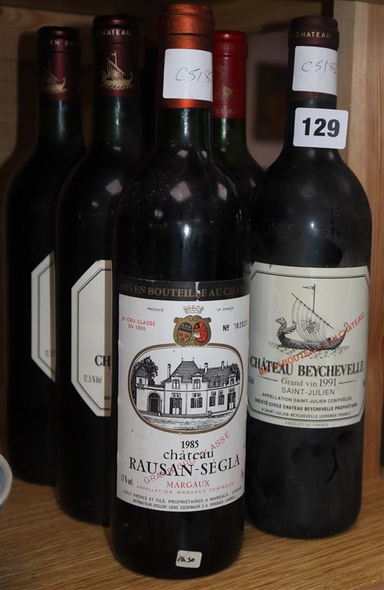 Three bottles of Chateau Beychevelle, 1991, St Julien, one bottle of Chateau Rausan-Segla, 1985, one bottle of Chateau Beaureagard 1986